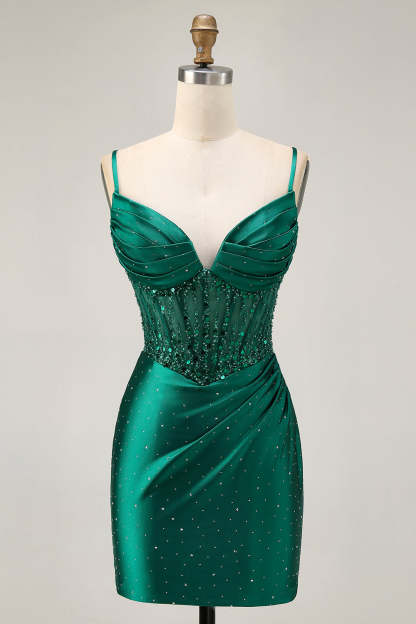 Leely Women Sparkly Dark Green Corset Short Satin Homecoming Dress with Beading Ruched Tight Spaghetti Straps Cocktail Dress