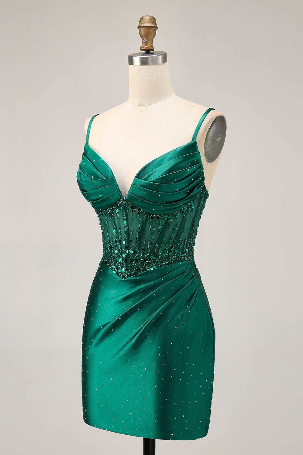 Sparkly Short Tight Dark Green Satin Corset Homecoming Dress with Beading
