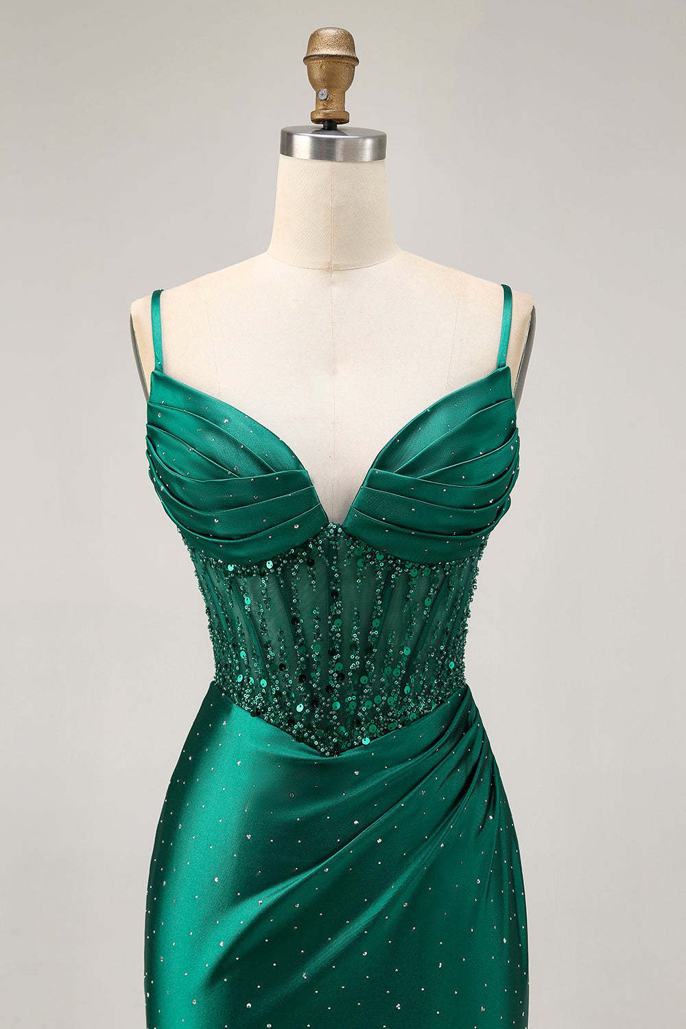 Sparkly Short Tight Dark Green Satin Corset Homecoming Dress with Beading