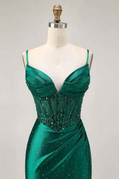 Sparkly Short Tight Dark Green Satin Corset Homecoming Dress with Beading