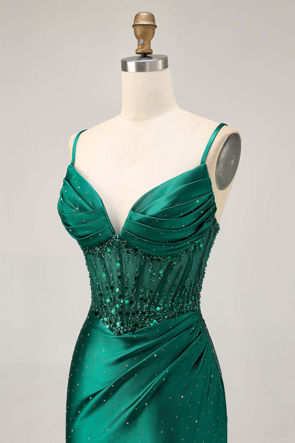 Sparkly Short Tight Dark Green Satin Corset Homecoming Dress with Beading