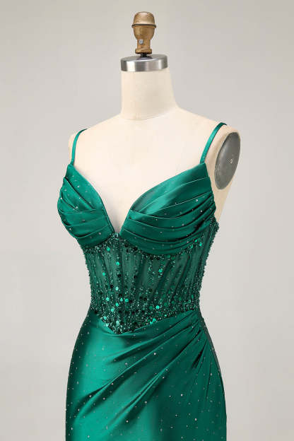 Sparkly Short Tight Dark Green Satin Corset Homecoming Dress with Beading