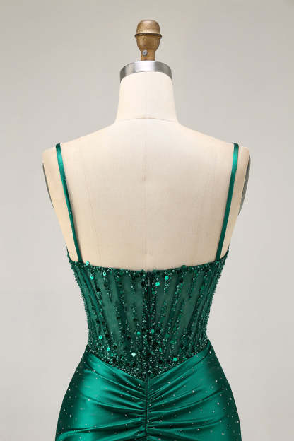 Sparkly Short Tight Dark Green Satin Corset Homecoming Dress with Beading