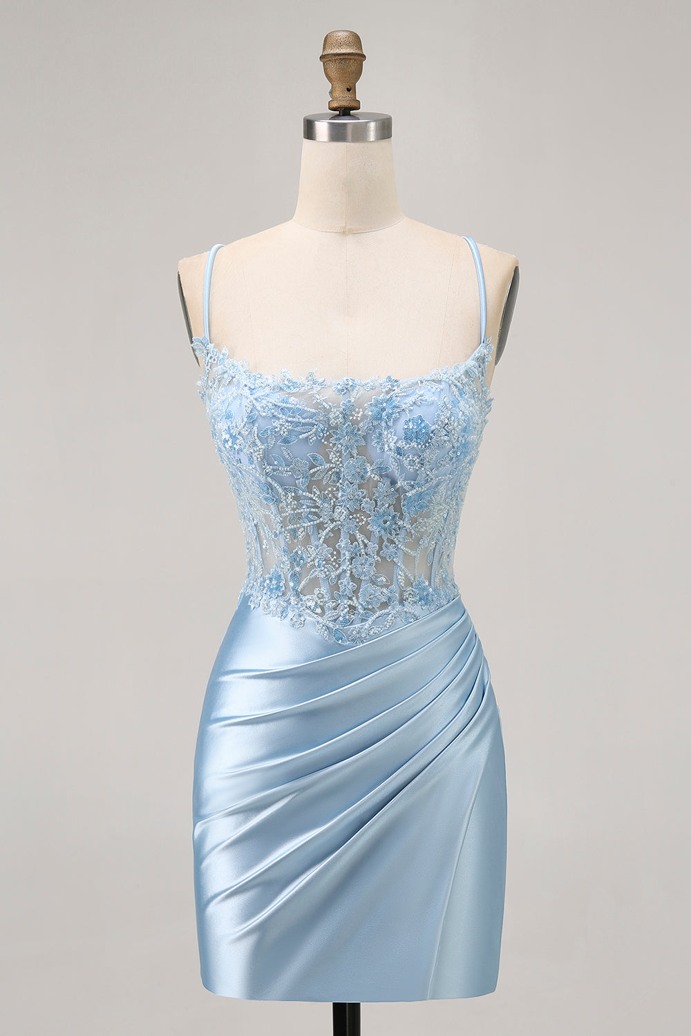 Sparkly Blue Ruched Corset Satin Tight Short Homecoming Dress with Lace