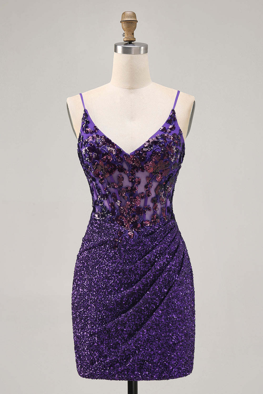 Leely Women Sparkly Dark Purple Tight Short Corset Homecoming Dress Sequin Spaghetti Straps Ruched Lace Up Back Cocktail Dress