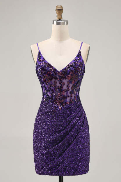 Leely Women Sparkly Dark Purple Tight Short Corset Homecoming Dress Sequin Spaghetti Straps Ruched Lace Up Back Cocktail Dress