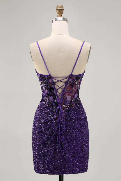 Sparkly Tight Dark Purple Sequin Short Corset Homecoming Dress
