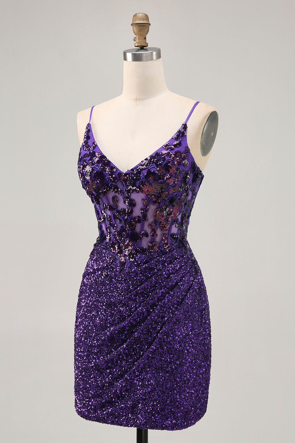 Sparkly Tight Dark Purple Sequin Short Corset Homecoming Dress