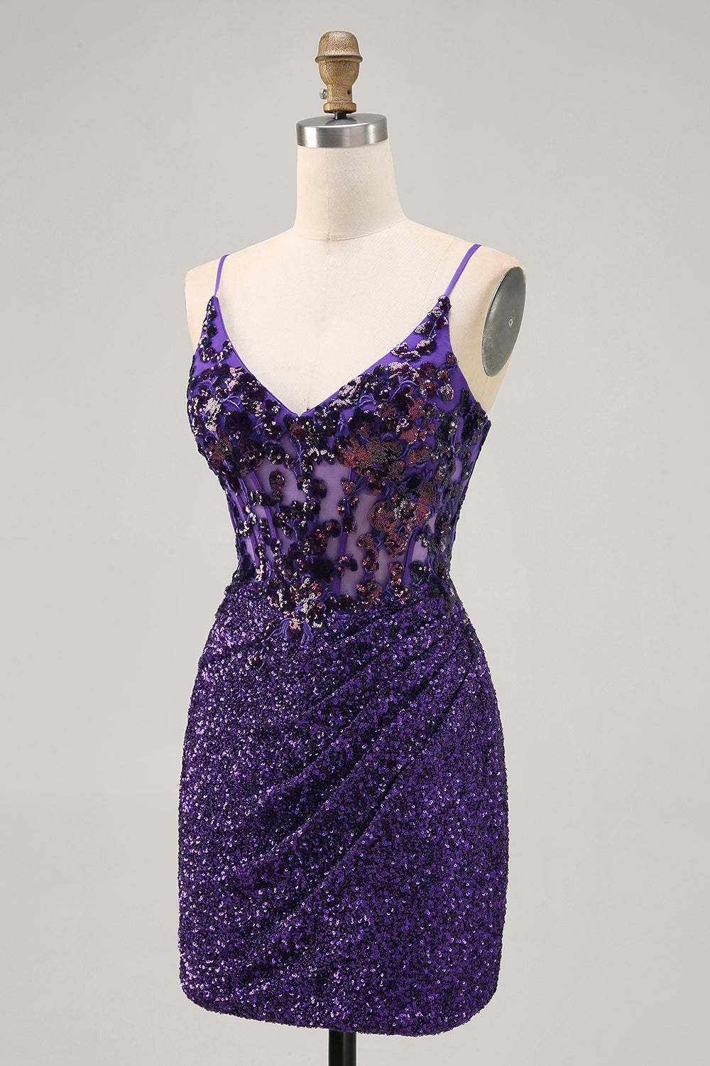 Sparkly Tight Dark Purple Sequin Short Corset Homecoming Dress
