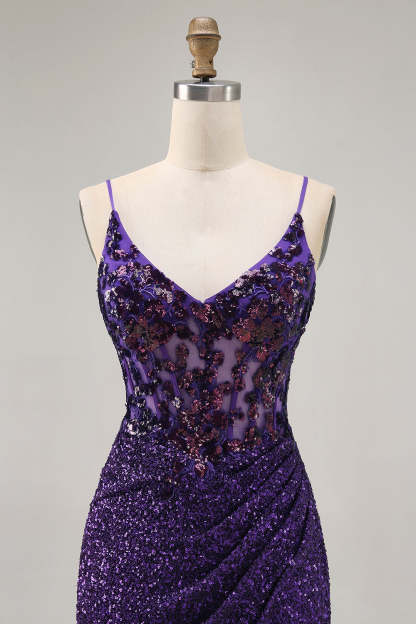 Sparkly Tight Dark Purple Sequin Short Corset Homecoming Dress