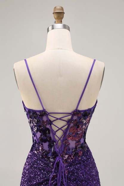 Sparkly Tight Dark Purple Sequin Short Corset Homecoming Dress