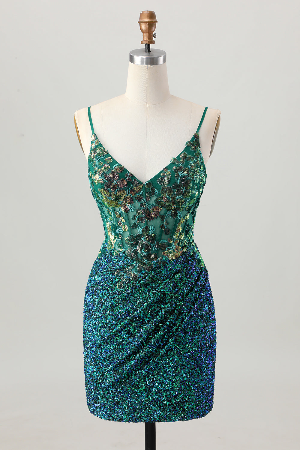 Leely Women Sparkly Dark Green Tight Short Corset Homecoming Dress with Sequins Ruched V Neck Lace Up Back Cocktail Dress
