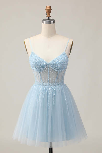 Leely Women Sparkly Light Blue Corset Short Homecoming Dress with Beading Tulle A Line Spaghetti Straps Lace Up Back Cocktail Dress