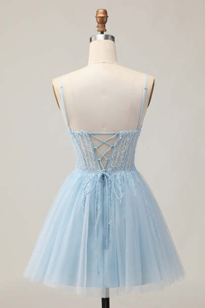 Light Blue Tulle Sparkly Corset A Line Short Homecoming Dress with Beading
