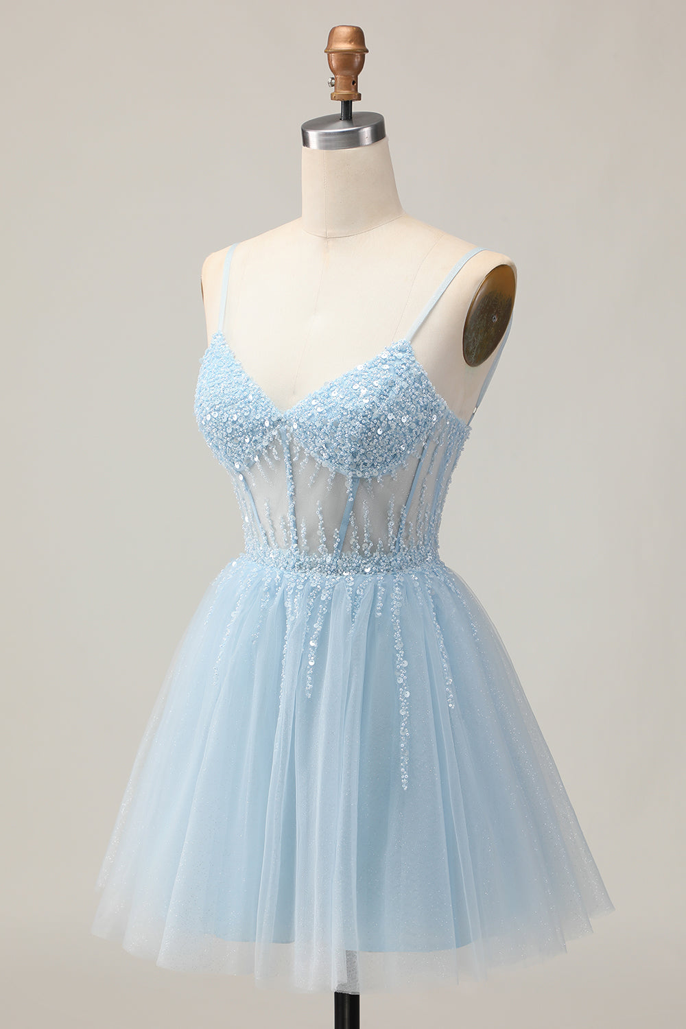 Light Blue Tulle Sparkly Corset A Line Short Homecoming Dress with Beading
