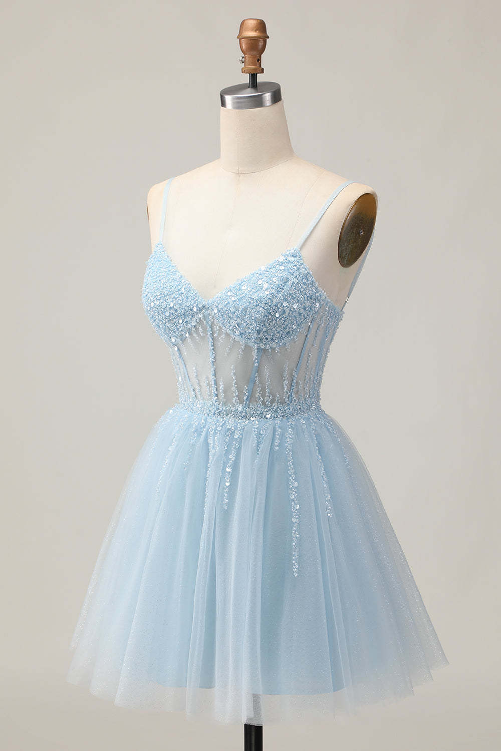 Light Blue Tulle Sparkly Corset A Line Short Homecoming Dress with Beading