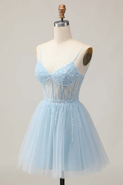 Light Blue Tulle Sparkly Corset A Line Short Homecoming Dress with Beading