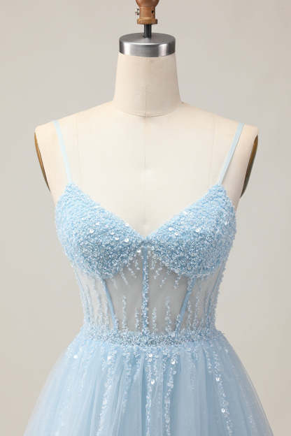 Light Blue Tulle Sparkly Corset A Line Short Homecoming Dress with Beading