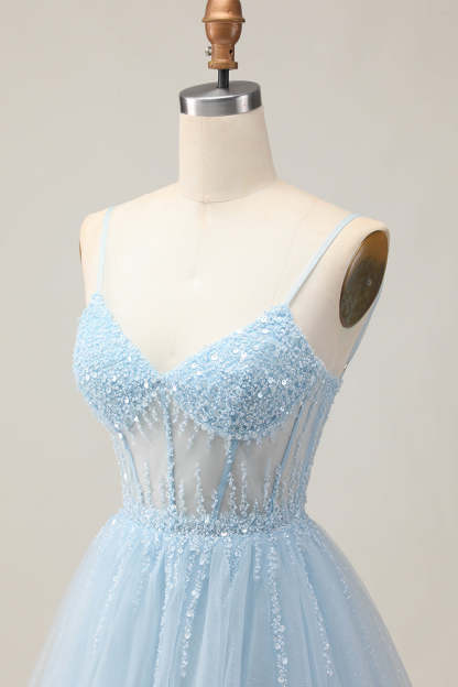 Light Blue Tulle Sparkly Corset A Line Short Homecoming Dress with Beading