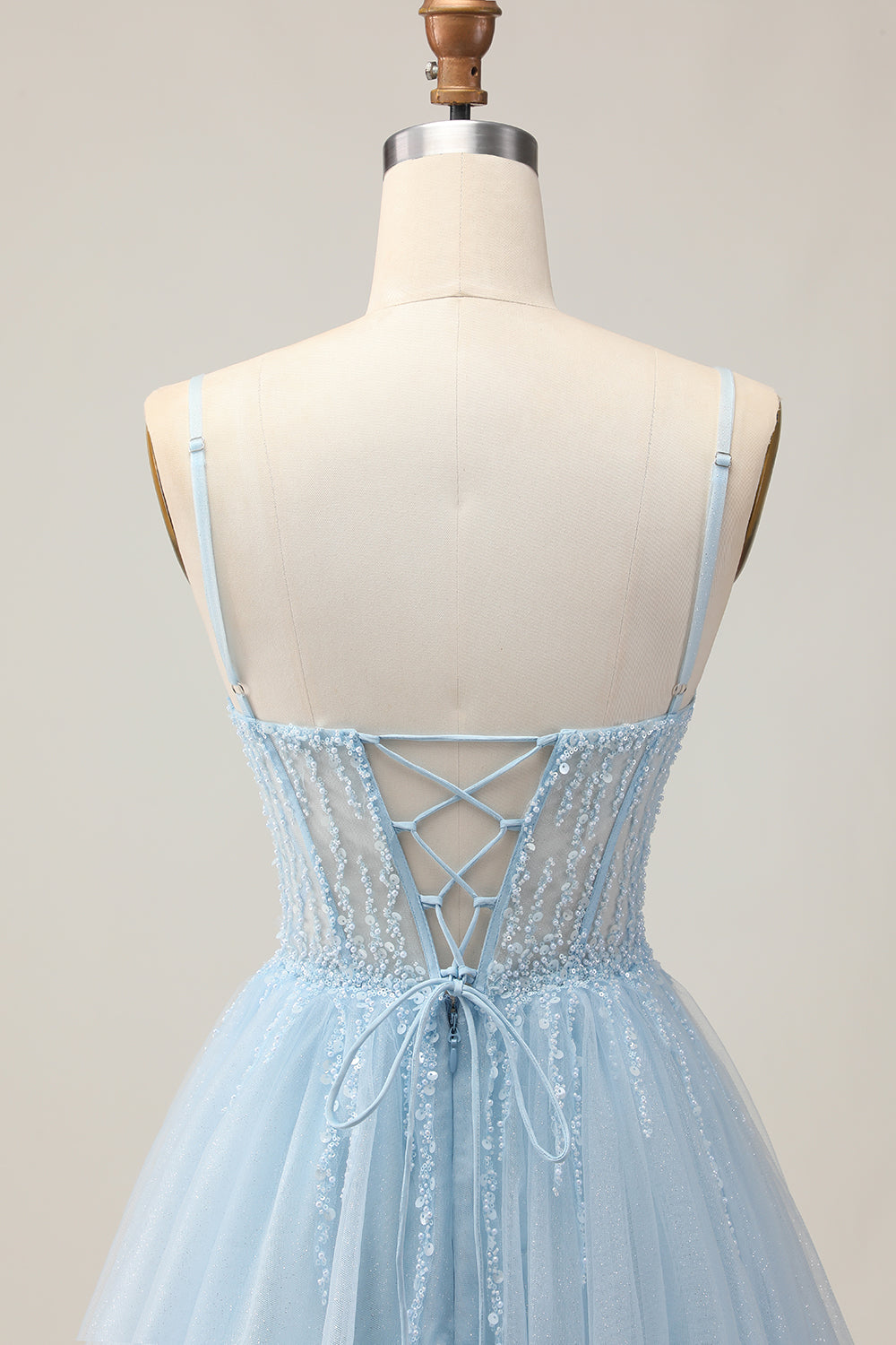 Light Blue Tulle Sparkly Corset A Line Short Homecoming Dress with Beading