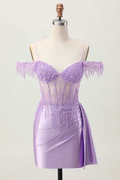 Leely Women Sparkly Lilac Corset Short Tight Homecoming Dress with Sequins Cold Shoulder Satin Lace Up Back Cocktail Dress with Drape