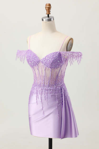 Sparkly Lilac Corset Cold Shoulder Short Tight Homecoming Dress with Sequins