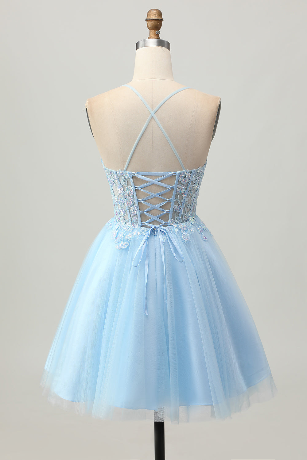 Sparkly Light Blue Tulle A Line Corset Short Homecoming Dress with Appliques