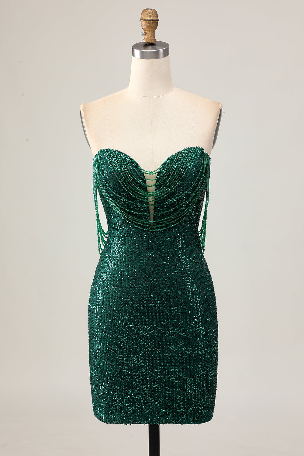 Leely Women Sparkly Dark Green Tight Short Homecoming Dress with Fringes Sequined Off the Shoulder Cocktail Dress with Beading