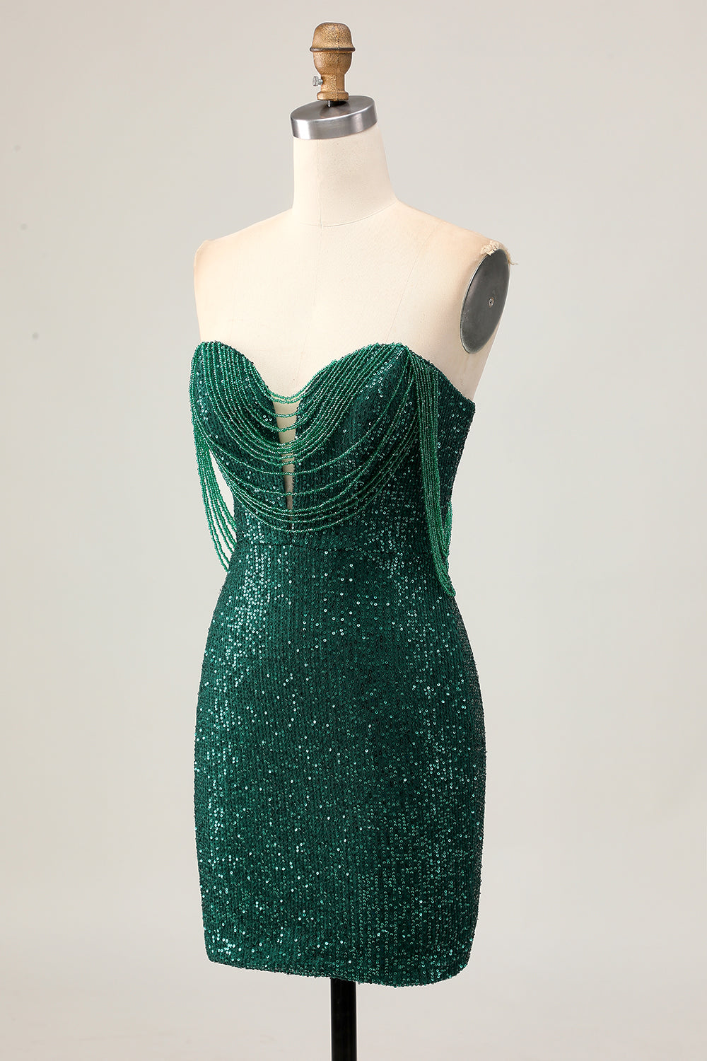 Sparkly Dark Green Sequined Strapless Short Tight Homecoming Dress with Tassel