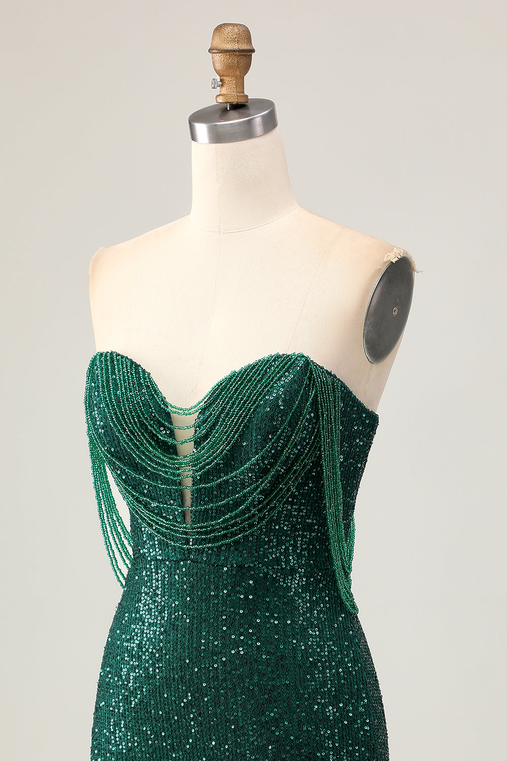 Sparkly Dark Green Sequined Strapless Short Tight Homecoming Dress with Tassel