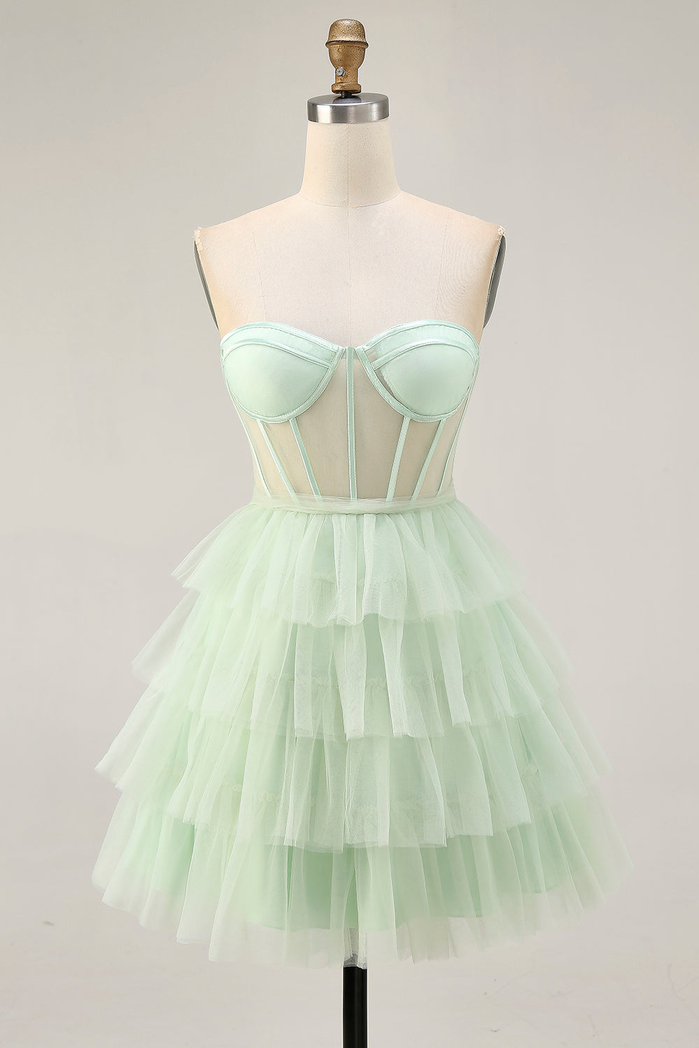 Light Green Strapless Tiered Short Corset Homecoming Dress with Ruffles