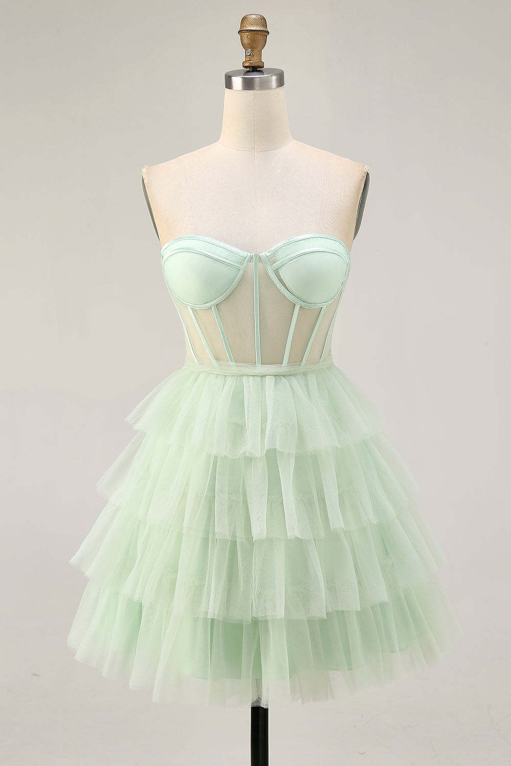 Leely Women Light Green Short Corset Homecoming Dress with Ruffles Tiered A Line Strapless Cocktail Dress