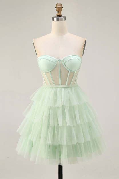 Leely Women Light Green Short Corset Homecoming Dress with Ruffles Tiered A Line Strapless Cocktail Dress