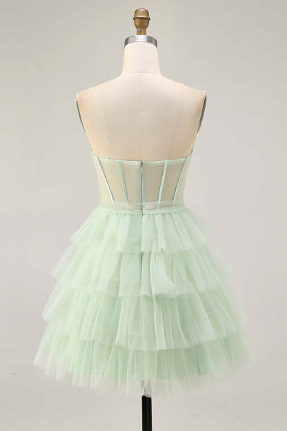Light Green Strapless Tiered Short Corset Homecoming Dress with Ruffles