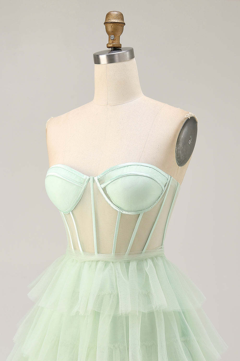 Light Green Strapless Tiered Short Corset Homecoming Dress with Ruffles