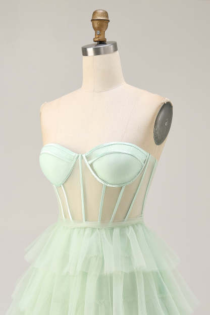Light Green Strapless Tiered Short Corset Homecoming Dress with Ruffles