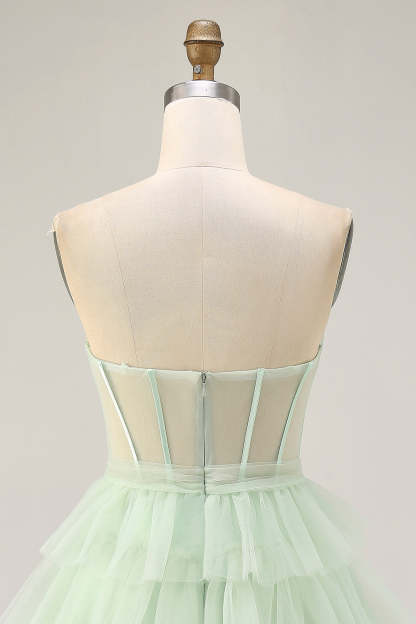Light Green Strapless Tiered Short Corset Homecoming Dress with Ruffles