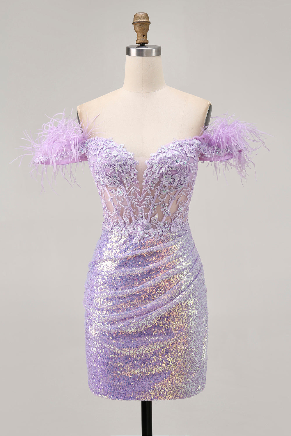 Leely Women Sparkly Lilac Short Corset Homecoming Dress with Feathers Sequins Tight Off the Shoulder Appliqued Ruched Cocktail Dress