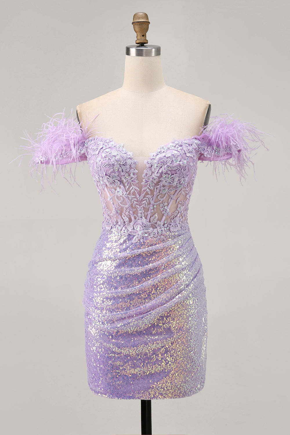 Leely Women Sparkly Lilac Short Corset Homecoming Dress with Feathers Sequins Tight Off the Shoulder Appliqued Ruched Cocktail Dress