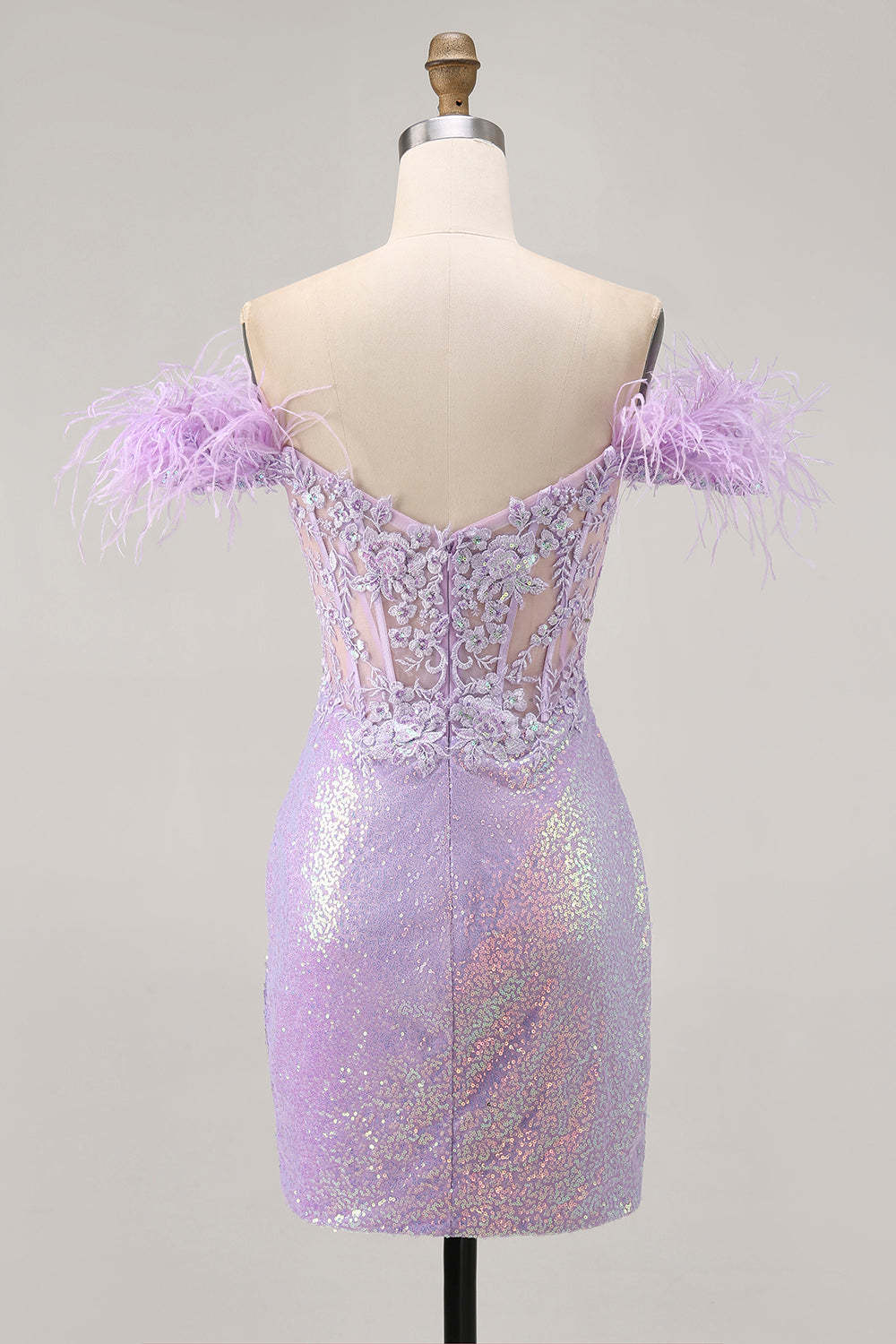 Lilac Sparkly Sequins Tight Short Corset Homecoming Dress with Feathers