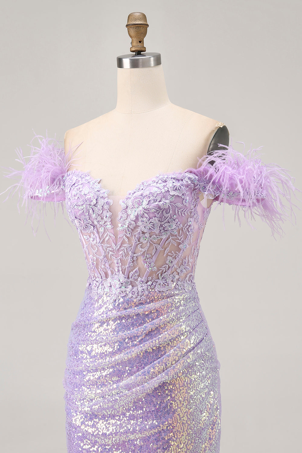 Lilac Sparkly Sequins Tight Short Corset Homecoming Dress with Feathers