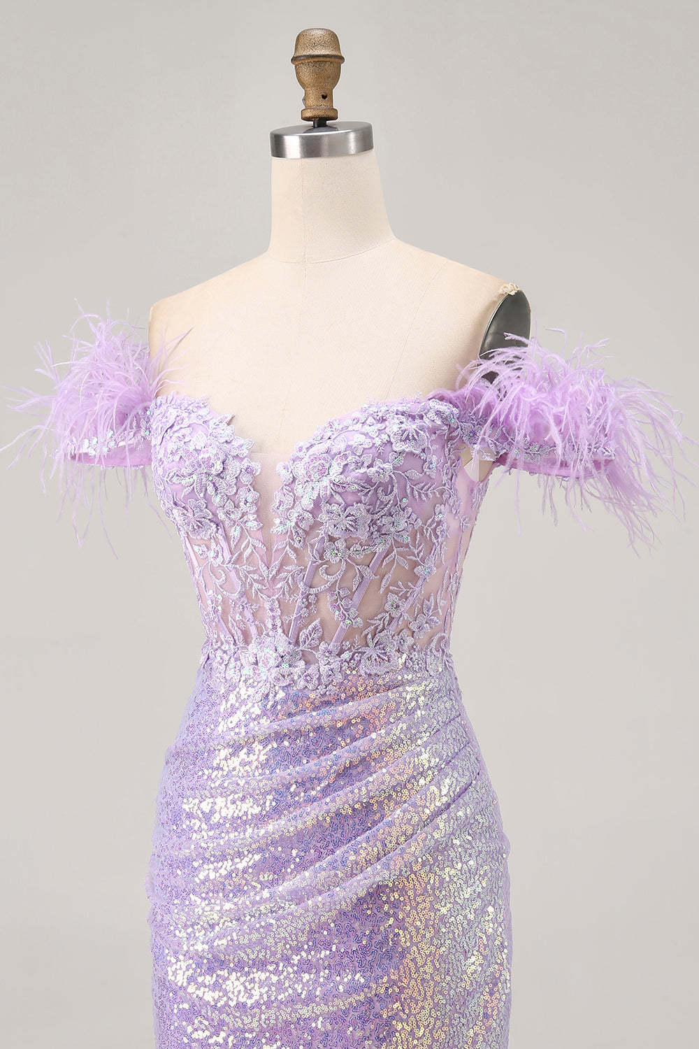 Lilac Sparkly Sequins Tight Short Corset Homecoming Dress with Feathers