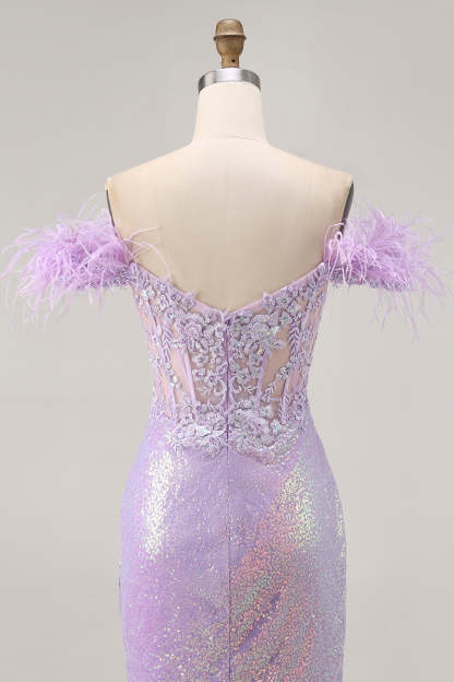 Lilac Sparkly Sequins Tight Short Corset Homecoming Dress with Feathers
