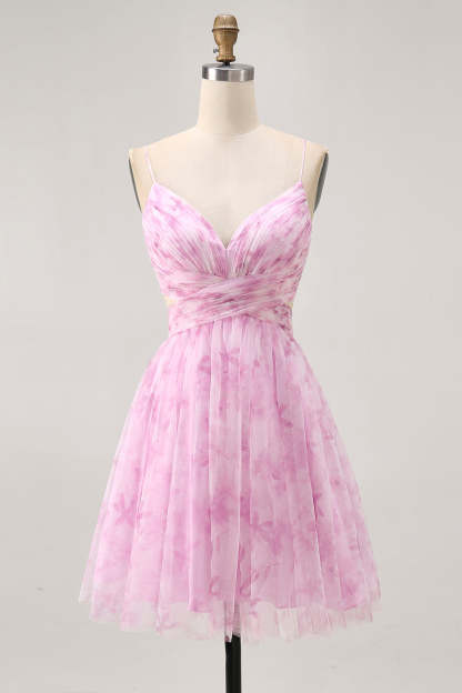 Leely Women Pink Floral Short Homecoming Dress A Line Ruched Spaghetti Straps Lace Up Back Cocktail Dress