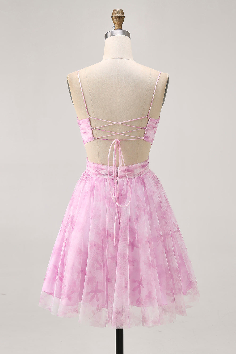 Pink Floral Ruched A Line Lace-Up Back Short Homecoming Dress