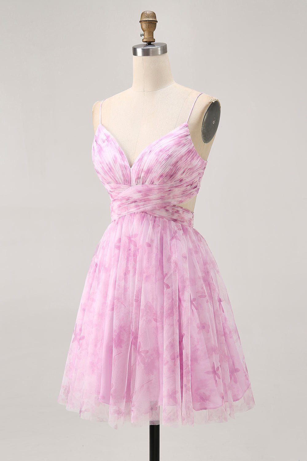 Pink Floral Ruched A Line Lace-Up Back Short Homecoming Dress