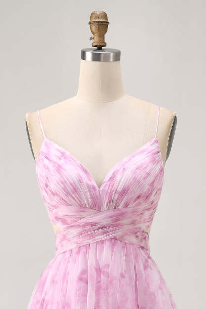 Pink Floral Ruched A Line Lace-Up Back Short Homecoming Dress