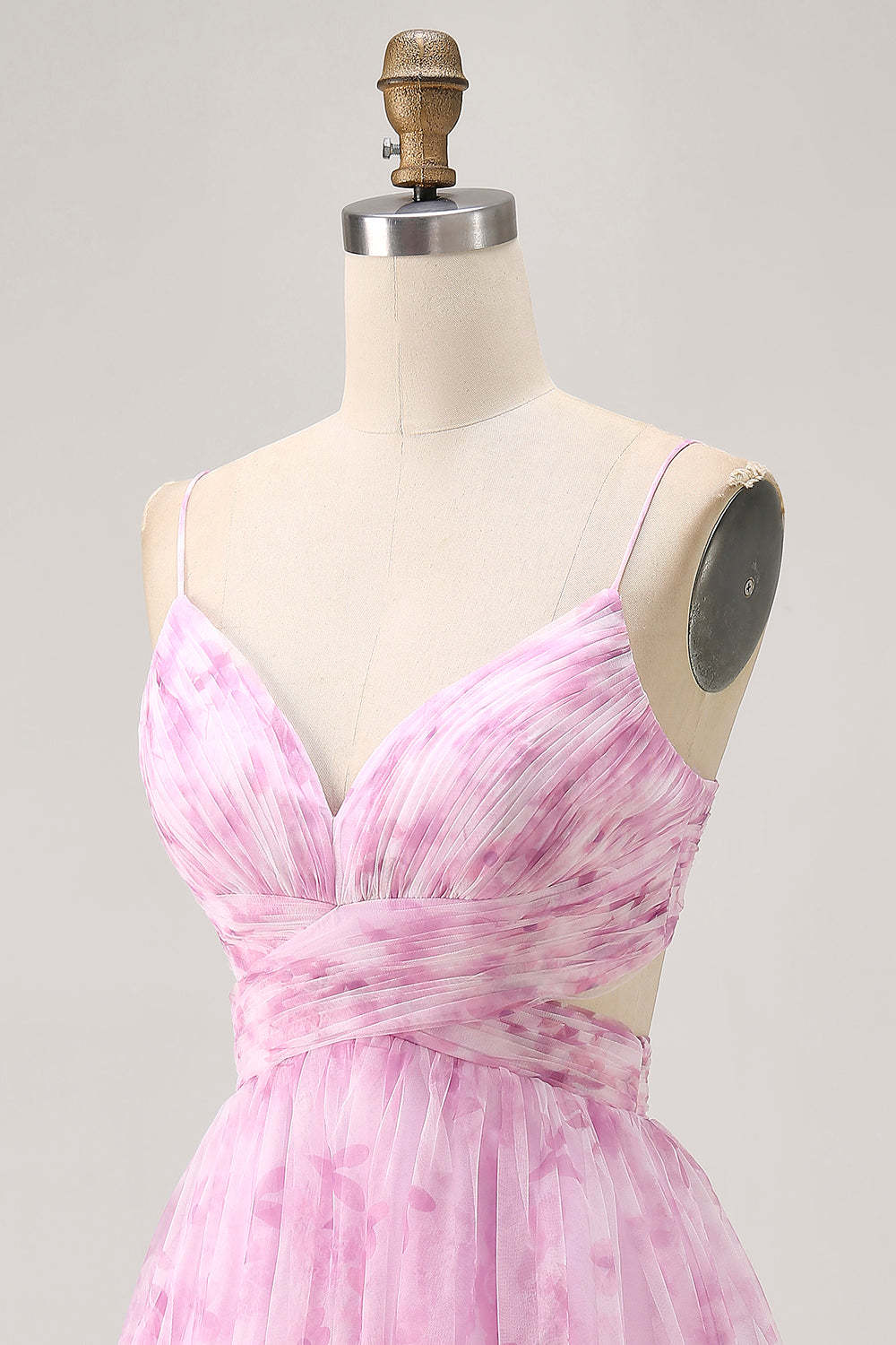 Pink Floral Ruched A Line Lace-Up Back Short Homecoming Dress