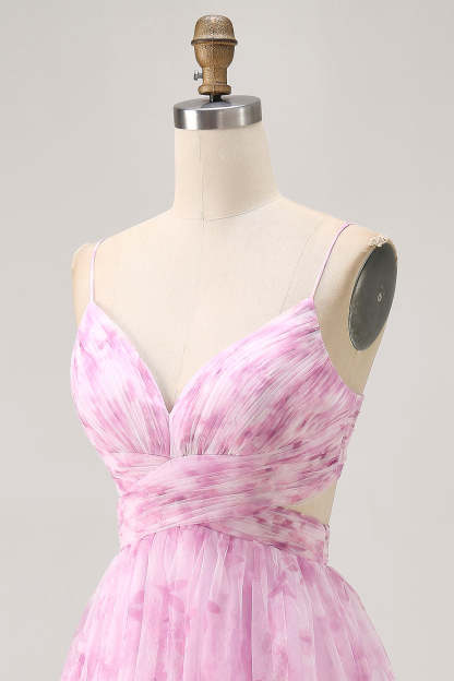 Pink Floral Ruched A Line Lace-Up Back Short Homecoming Dress
