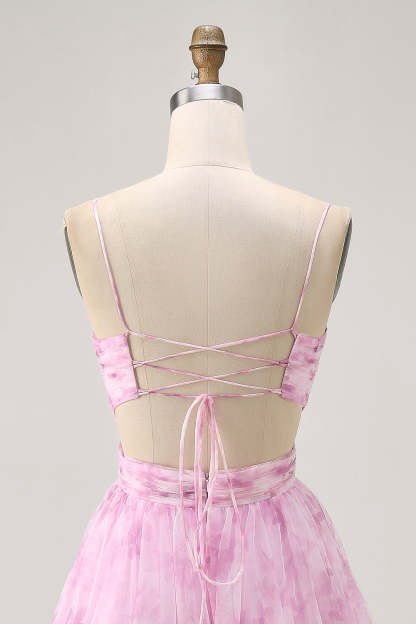 Pink Floral Ruched A Line Lace-Up Back Short Homecoming Dress